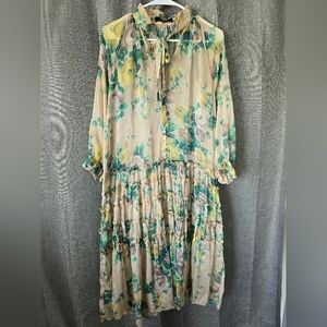 O.P.T.  Cosmia Beige Floral Print Ruffled Tiered Midi Dress Size S